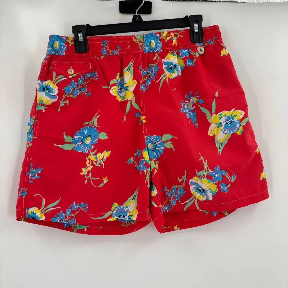 Polo Ralph Lauren Mens Large Red Floral Pattern Stretch Waist Swim Trunks